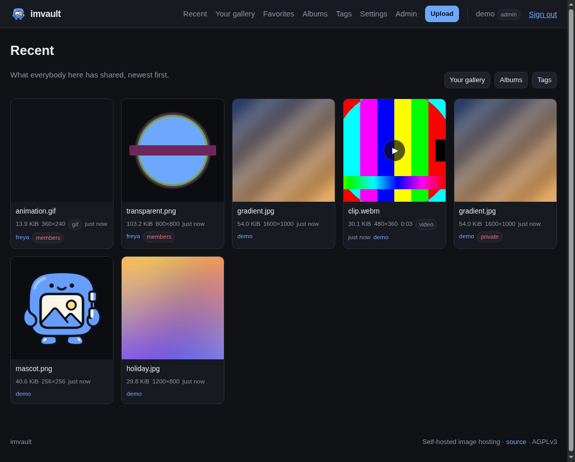 Imvault's recent feed, with image and video thumbnails and sharing labels